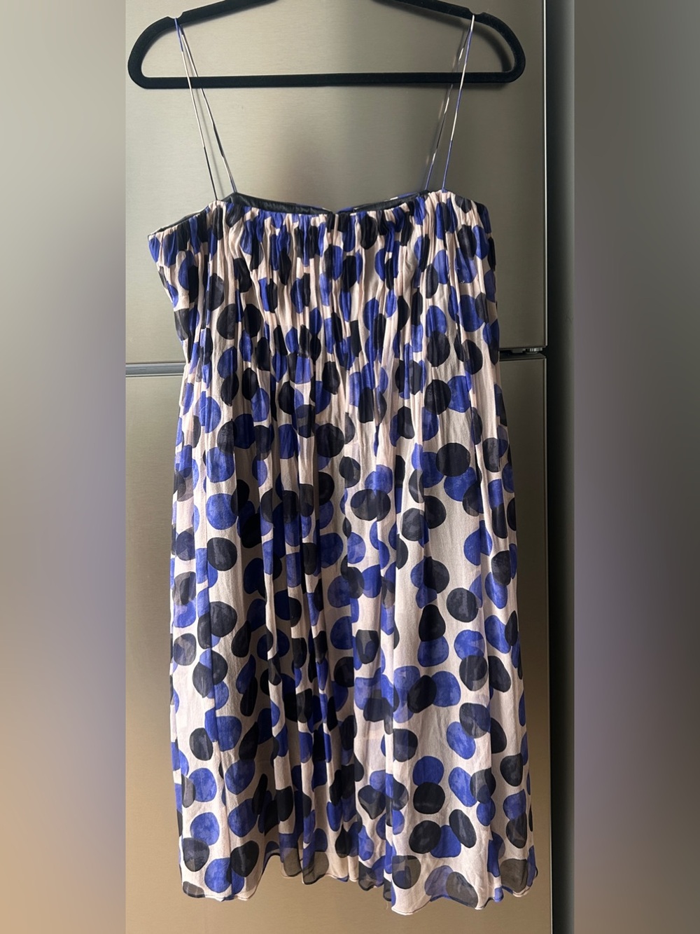 Nine West 100% Silk Strapless Dress Blue Black Polka Dot Mini Size 12